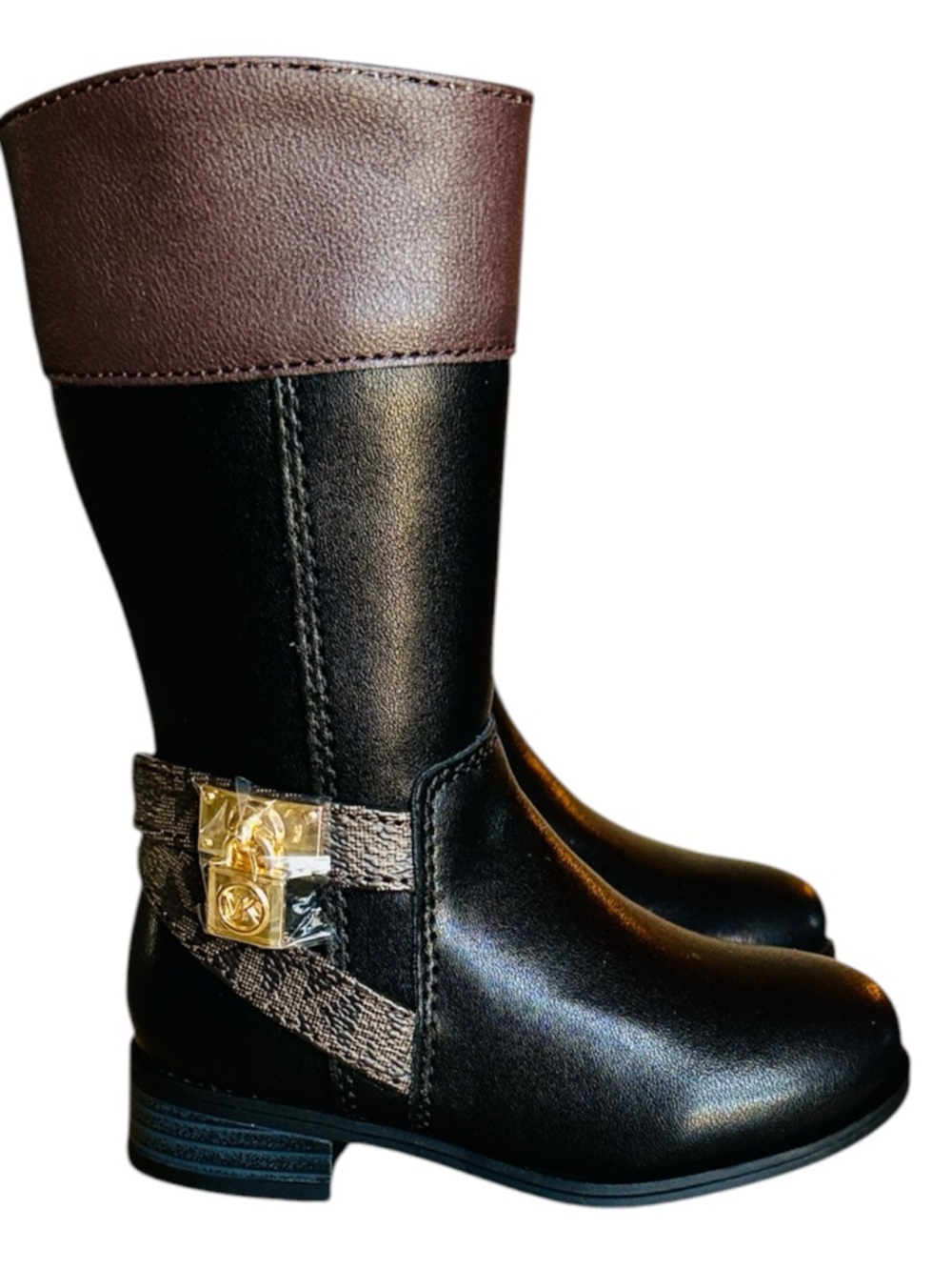 Michael Kors Kids Black and Brown Leather Zip Riding Boots